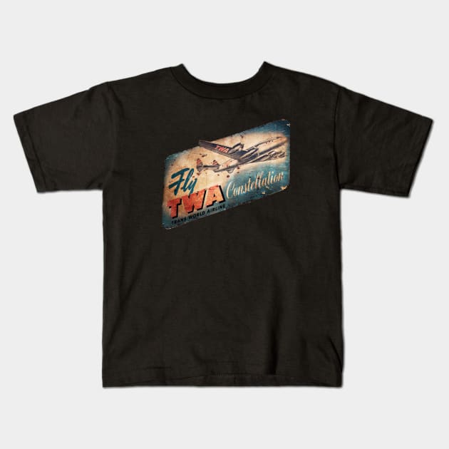 Authentic Vintage Fly TWA Constellation Luggage Sticker Kids T-Shirt by offsetvinylfilm